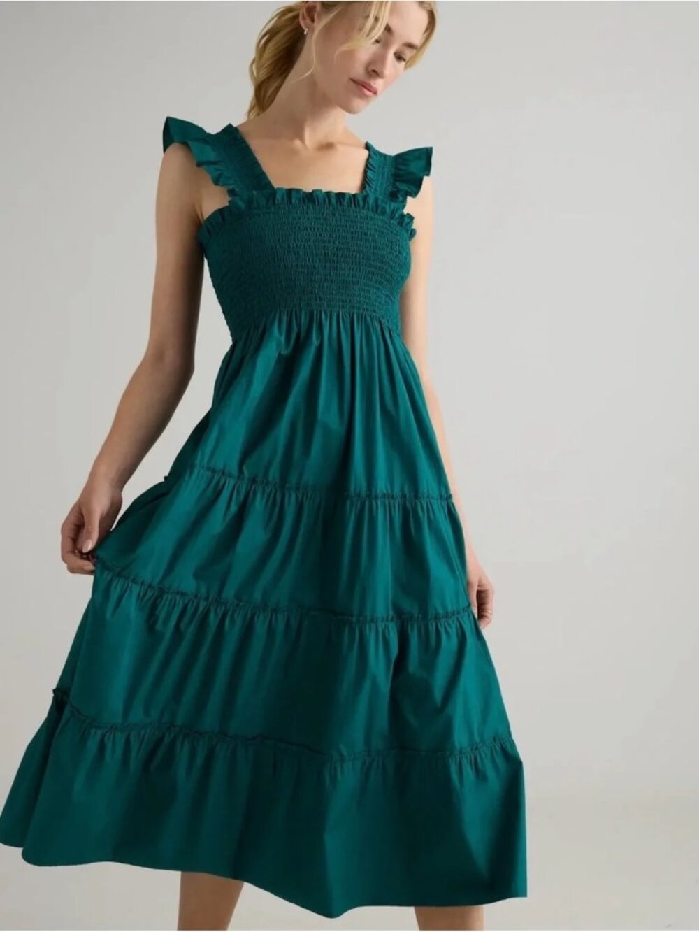 Quince Teal Ruffled Smocked Midi Dress